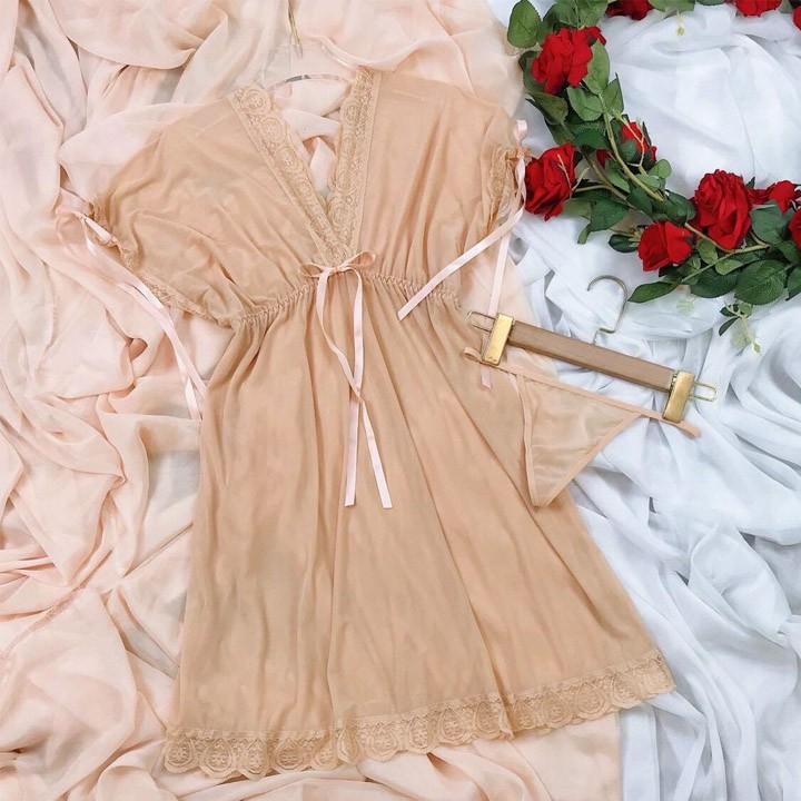Váy ngủ ren sexy bẹt vai mặc hai kiểu đồ ngủ big size voan thun màu bột đậu lạ mắt