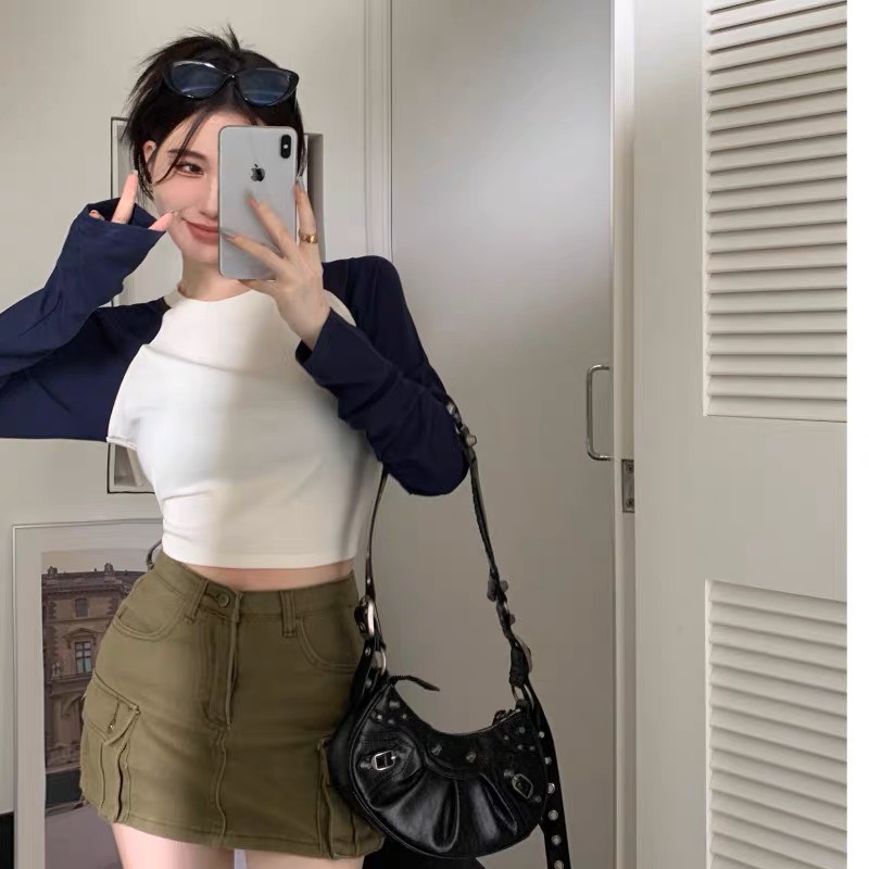 SET ÁO CROPTOP RAGLAN TRƠN TAY DÀI + CHÂN VÁY TÚI HỘP NGẮN LƯNG CAO DẠO PHỐ DỰ TIỆC GIÁNG SINH NOEL