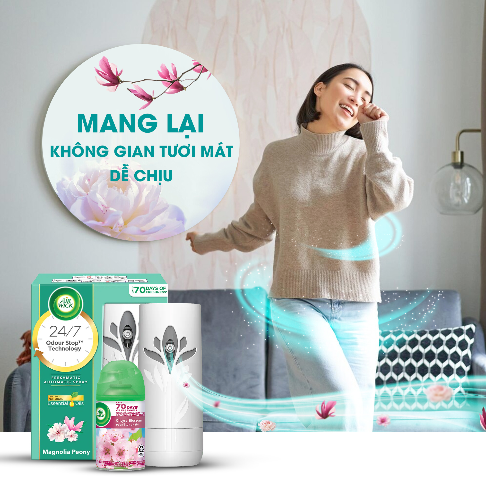 Bộ máy xịt phòng tự động Air Wick magnolia + lõi cherry blossom, đem lại hương thơm tinh tế ngát hương 24/7