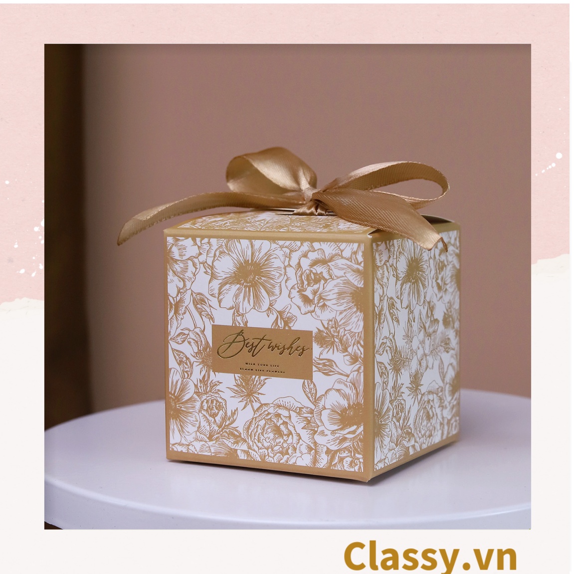 Q794 Hộp giấy tự gấp đựng quà tặng hình hộp vuông kèm ruy băng và quai xách nhựa cứng hoặc dù