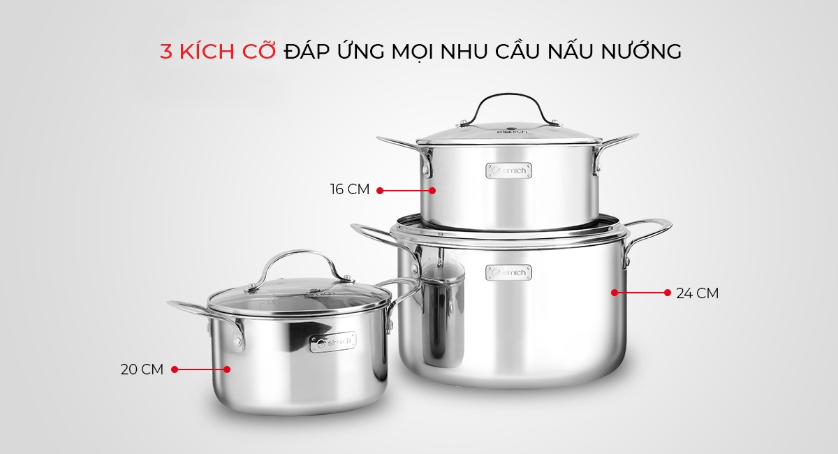 Bộ nồi Inox cao cấp 3 lớp liền đáy Elmich Tri- Max (16-20-24cm)