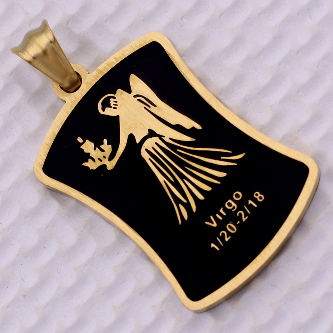 Mặt dây chuyền cung Xử Nữ - Virgo inox vàng kèm vòng cổ dây cao su đen + móc inox vàng, Cung hoàng đạo
