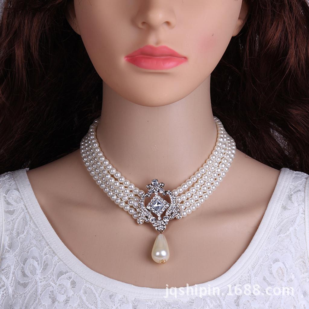 Fashion 4 Strands Pearl Chain Strand Choker Collar Statement Bib Necklace