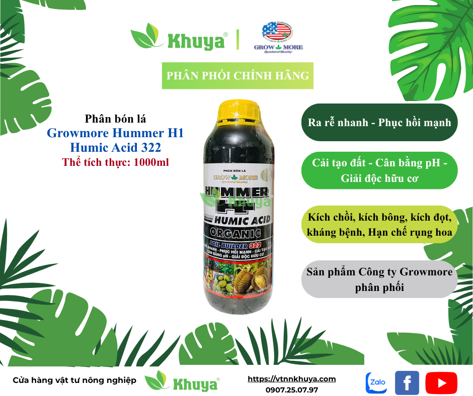 Phân bón lá Growmore Humer H1 Humic Acid 322 loại 1 Lít Phát Triển Thân, Chồi, Lá