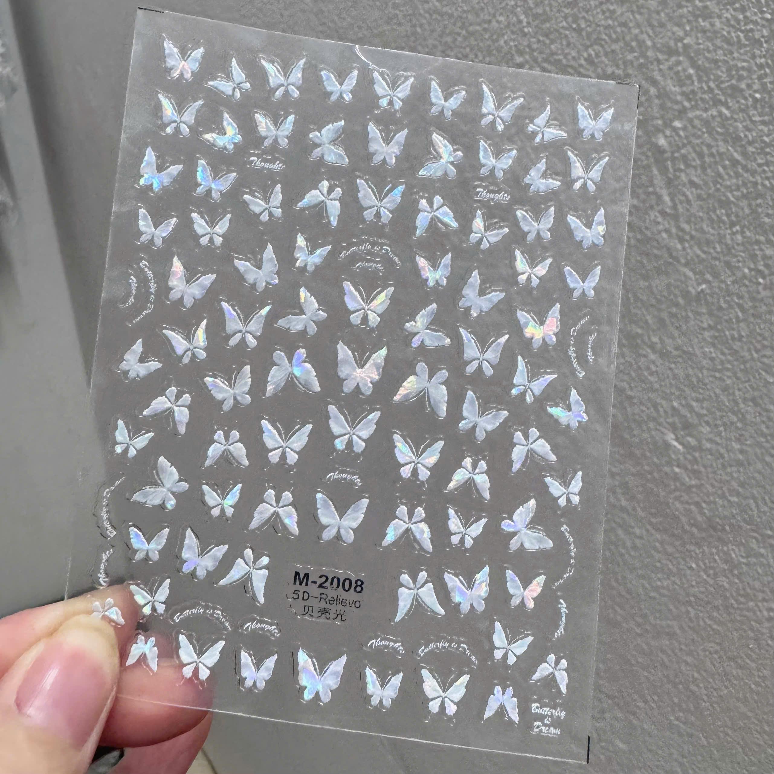 Sticker 5D Hình Bướm Phản Quang M2008 Làm Nail Xinh Lấp Lánh, Hình Dán Móng Bướm Nổi Cầu Vồng Trắng Mix Size