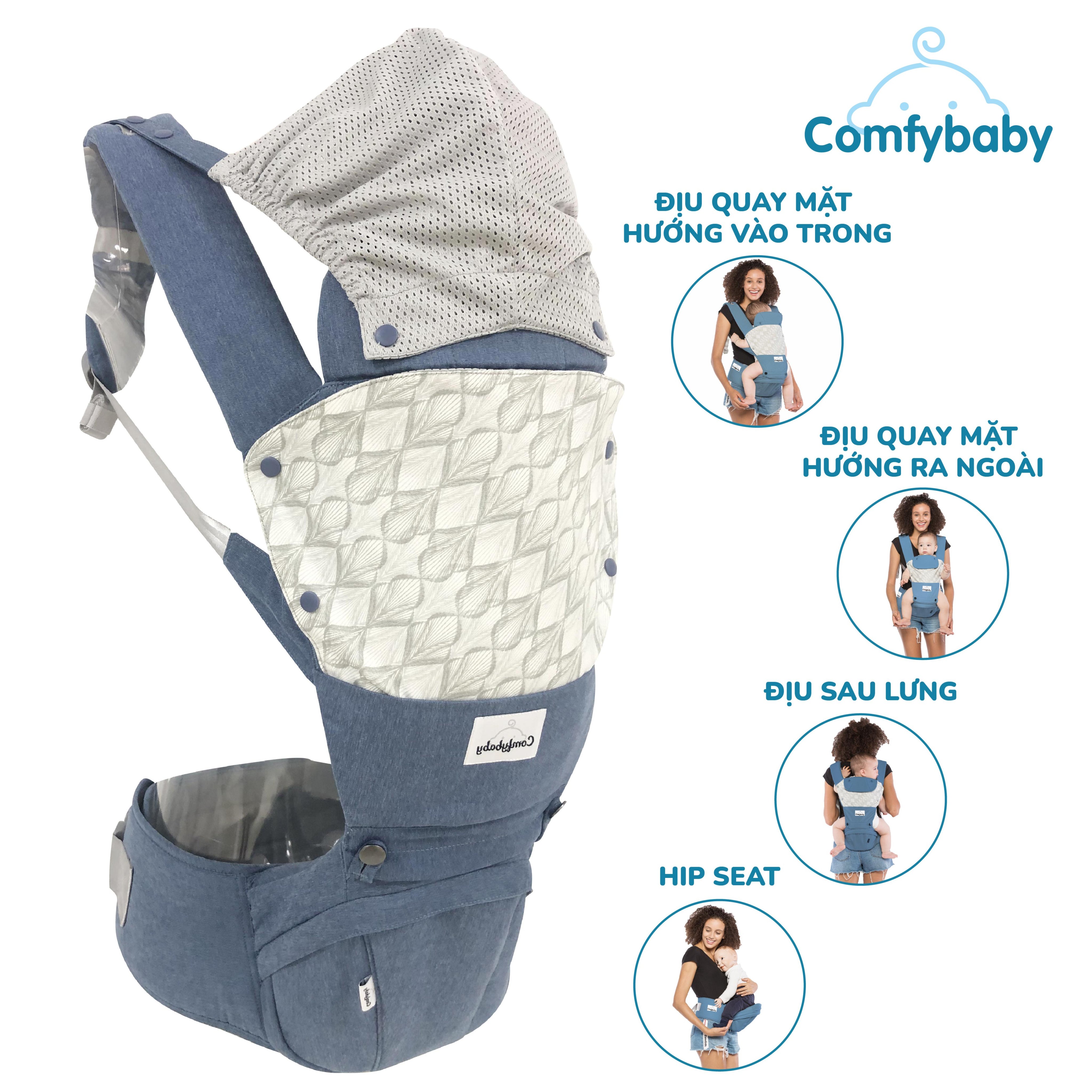 Địu ngồi trẻ em cao cấp siêu mềm - siêu thoáng 4 tư thế Comfybaby CF119HC003 cho bé từ sơ sinh tới 36 tháng có mũ đỡ đầu