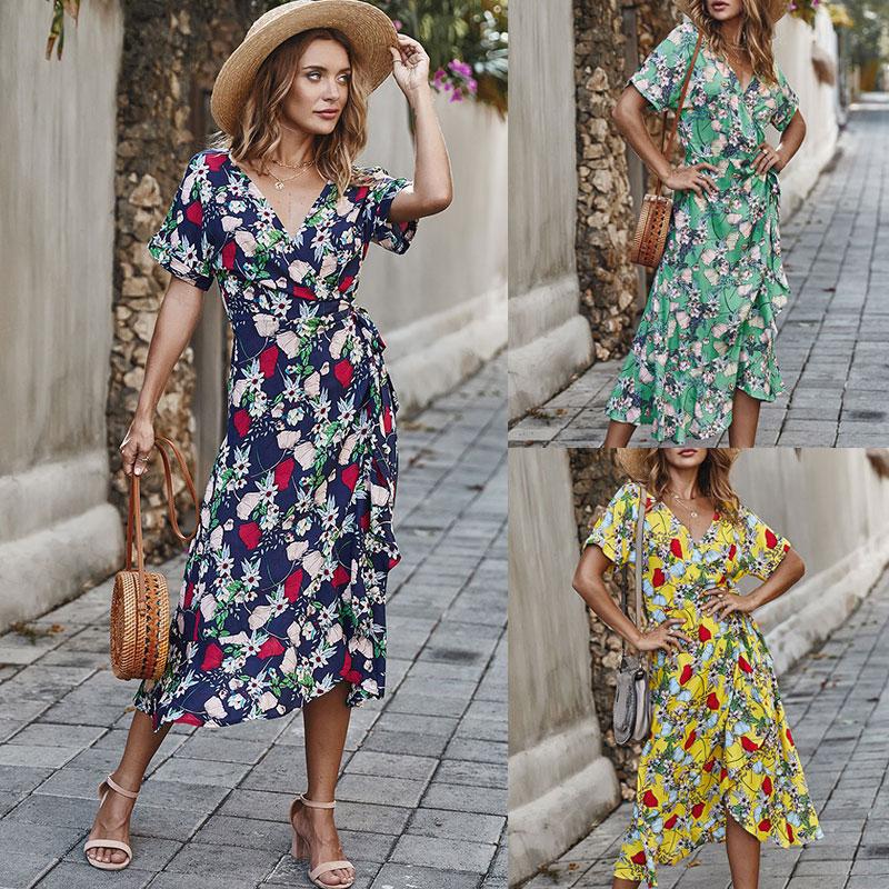 Fashion Women Summer Floral Print Dress V Neck Short Sleeve High Waist Sashes Irregular Hem Casual Holiday Beach Dress