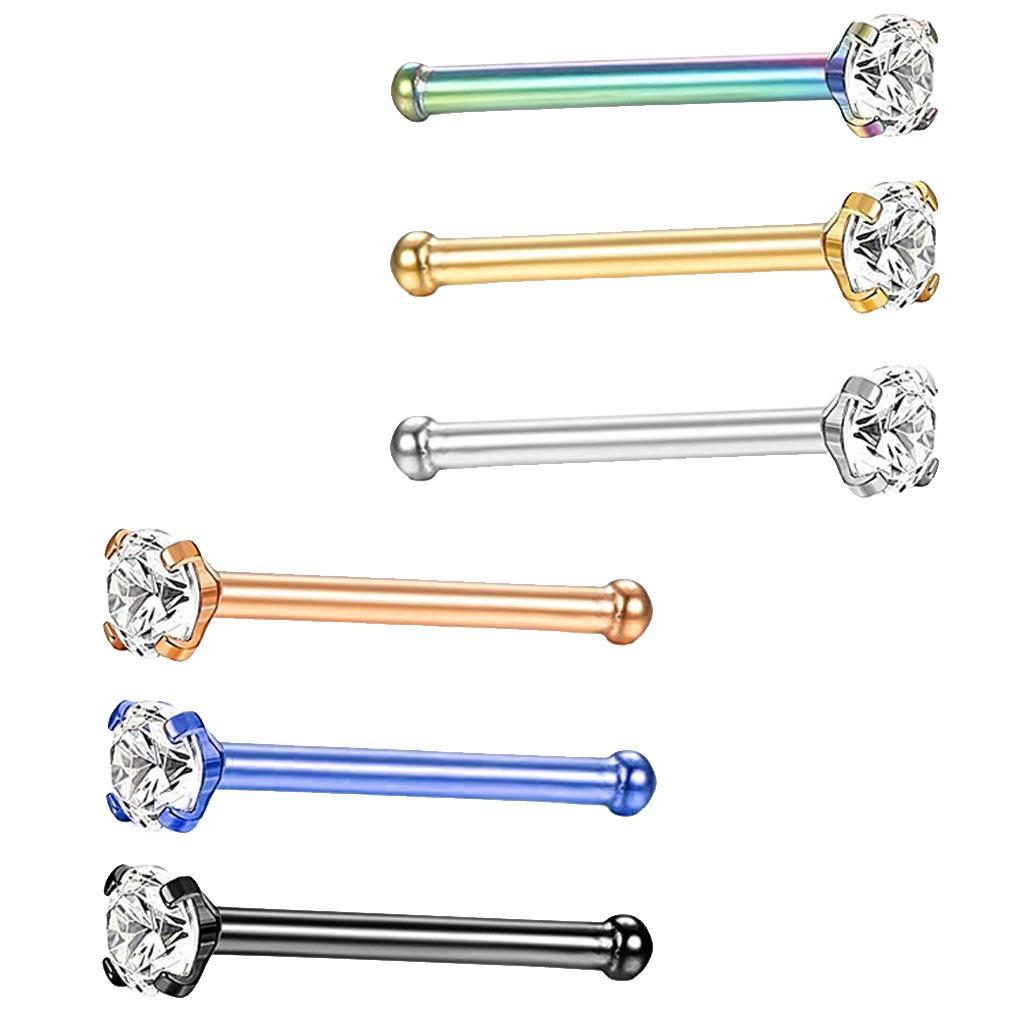 6 Pieces 316L Stainless Steel 20G Nose Ring Bars Stud Piercing Jewelry 1.5mm