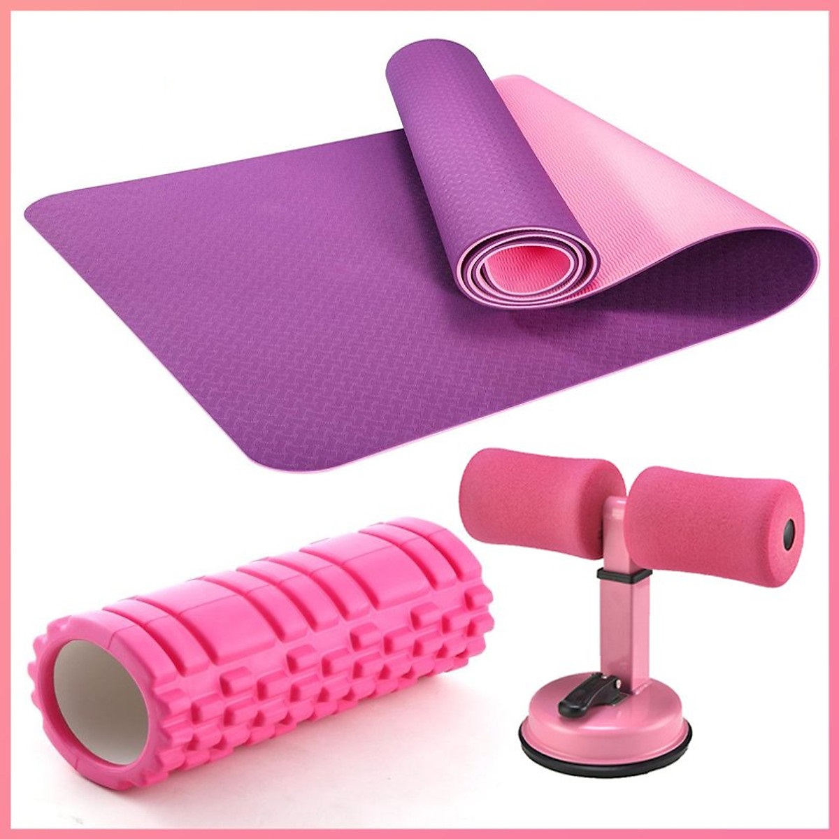 Combo 3 sản phẩm tập Yoga :1 thảm Yoga 2 lớp 6mm (tặng kèm túi ) +1 ống lăn massage hình trụ 33cm x 14cm + 1 dụng cụ tập bụng hình chữ T