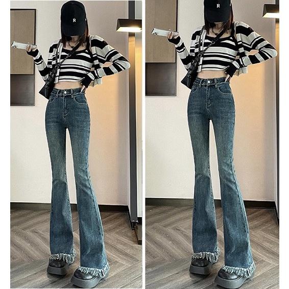 Quần jeans cạp cao ống loe EMIX, dáng dài, trơn, tua viền tua rua 6872