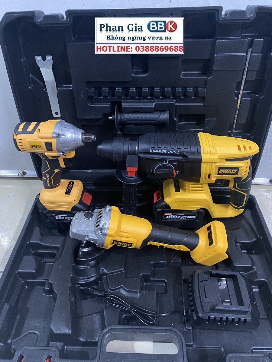 Bộ Combo 3 Trong 1 Gồm Máy Khoan Đục Bê Tông, Máy Mài Và Máy Siết Bulong Dùng Pin 199V, 2 Pin 15 Cell, Động Cơ Không Chổi Than