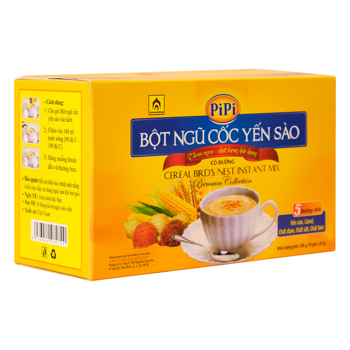 Bột Ngũ Cốc Yến Sào PiPi - Nhà Yến Nha Trang - Hộp 10 Gói - Loại Có Đường - Bột Ngũ Cốc Dinh Dưỡng - Ngũ Cốc Ăn Sáng - Hàng Chính Hãng