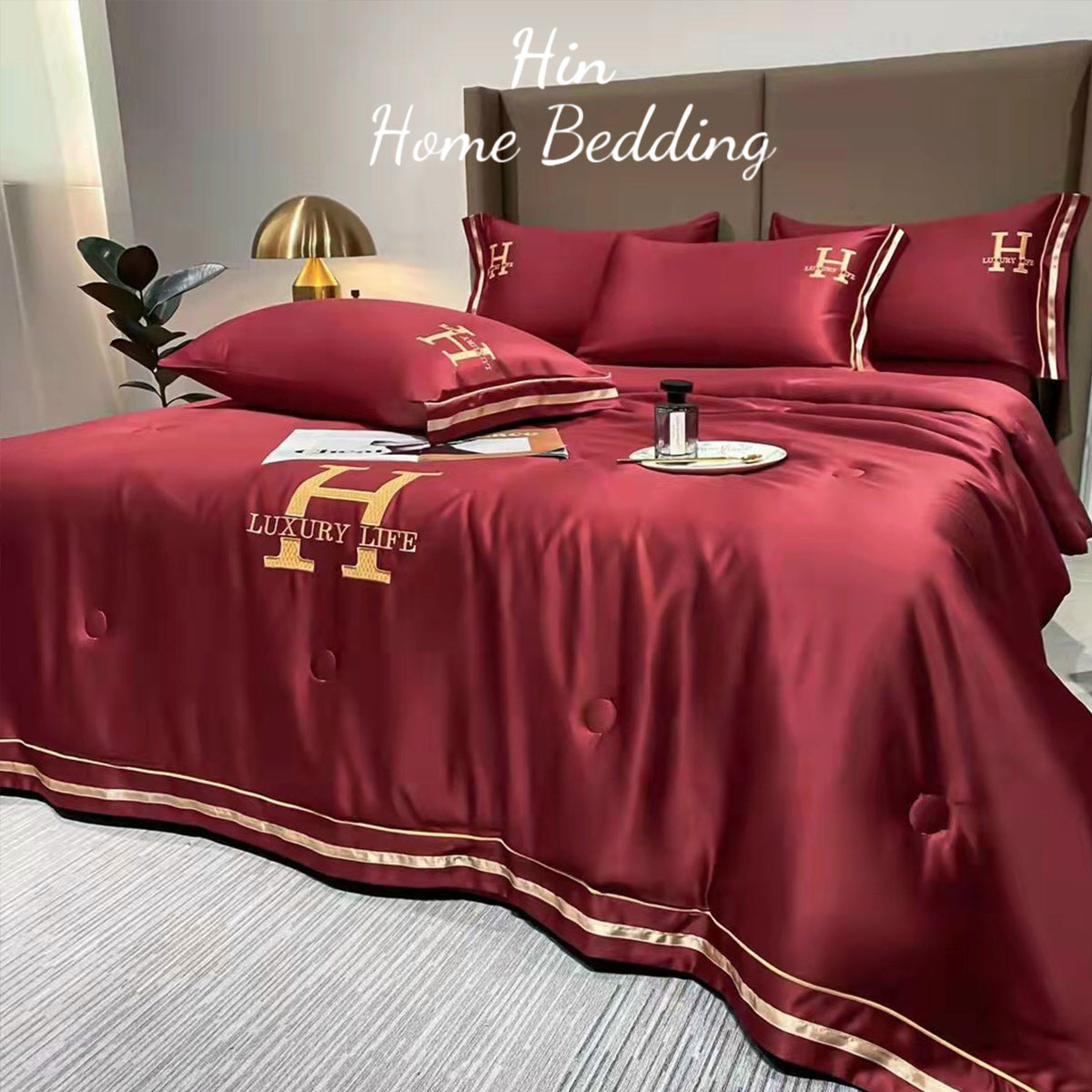 Bộ Chăn Ga Gối Đệm 5 Món Chăn Phao Lụa Thái Hin Home Bedding Drap Giường Lụa Mẫu Đỏ