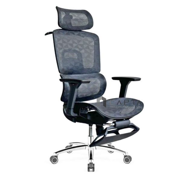 Ghế công thái học có gác chân màu đen CR4324-M Nội thất CAPTA Ghế ngồi làm việc tại nhà hỗ trợ cột sống lưng và mặt ngồi vải lưới khung tay ghế nhựa có gác chân thép mạ chrome