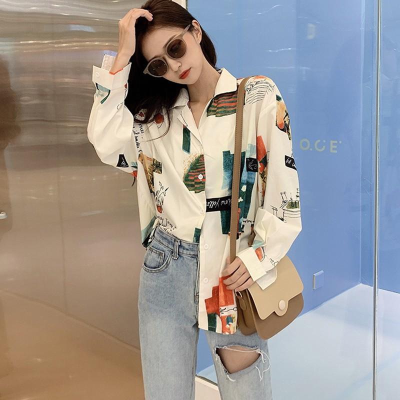 Áo sơ mi dài tay form rộng in họa tiết hoạt hình phong cách vintage thời trang