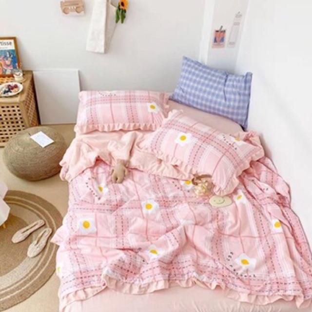 Set Cotton Đũi Hàn Quốc Hàng Nhập Khẩu Cao Cấp 4 Món Chăn Trần Liền Hoa Kẻ Hồng