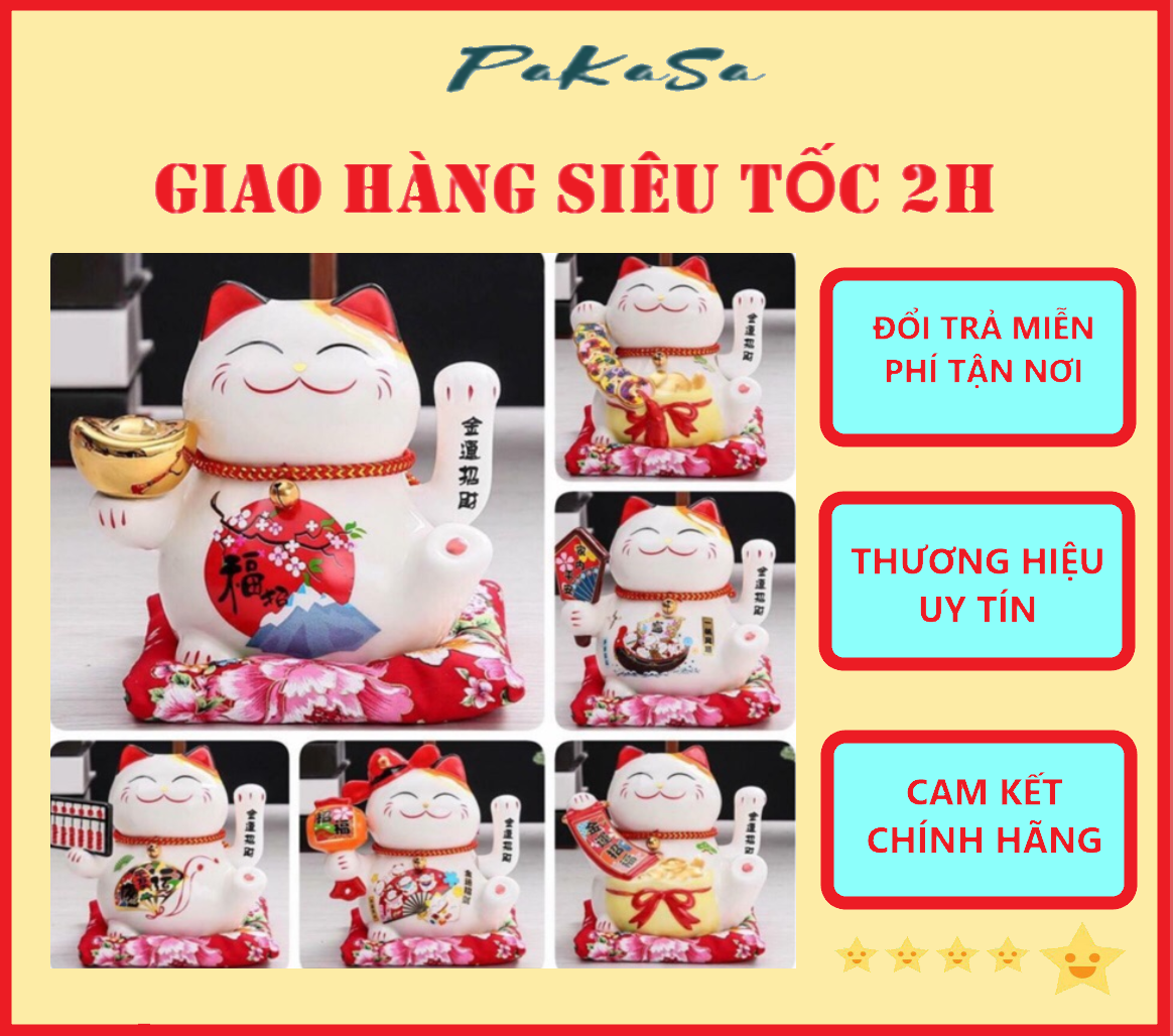 Mèo Thần Tài Maneki Neko Vẫy Tay Chiêu Tài Lộc Bằng Gốm Sứ Tặng Kèm Túi Lót PaKaSa - Hàng Chính Hãng 