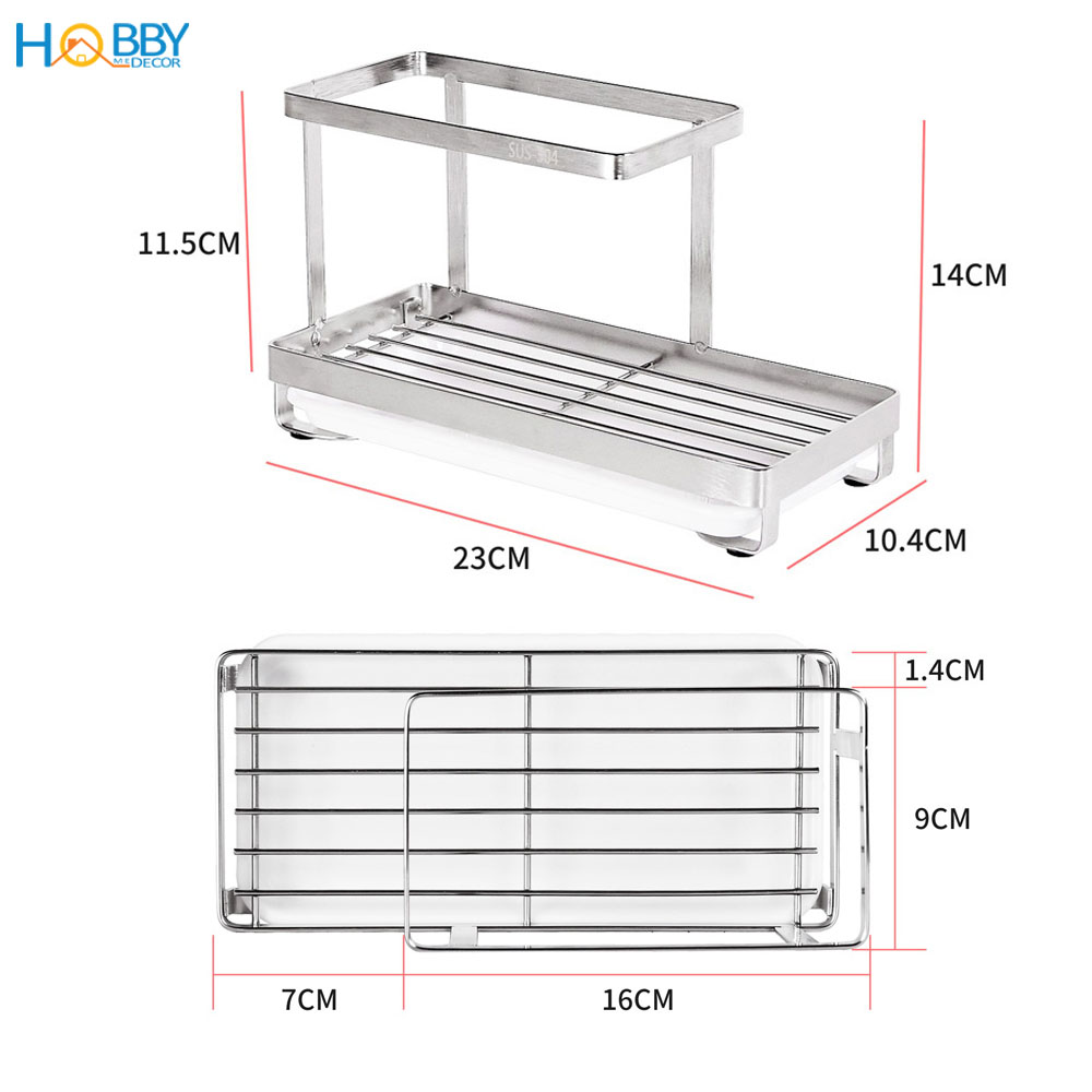 Kệ rổ đựng dụng cụ rửa chén Inox 304 HOBBY KRC2 dán tường gạch men - có keo dán tường và khay hứng nước