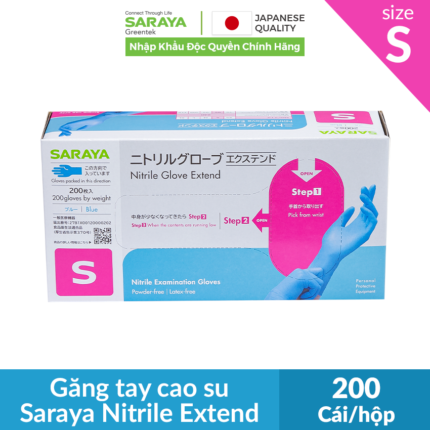 Găng tay cao su Saraya Nitrile Glove Extend (Màu Xanh), dùng trong thực phẩm, làm đẹp, y tế, công nghiệp - 200 cái/hộp