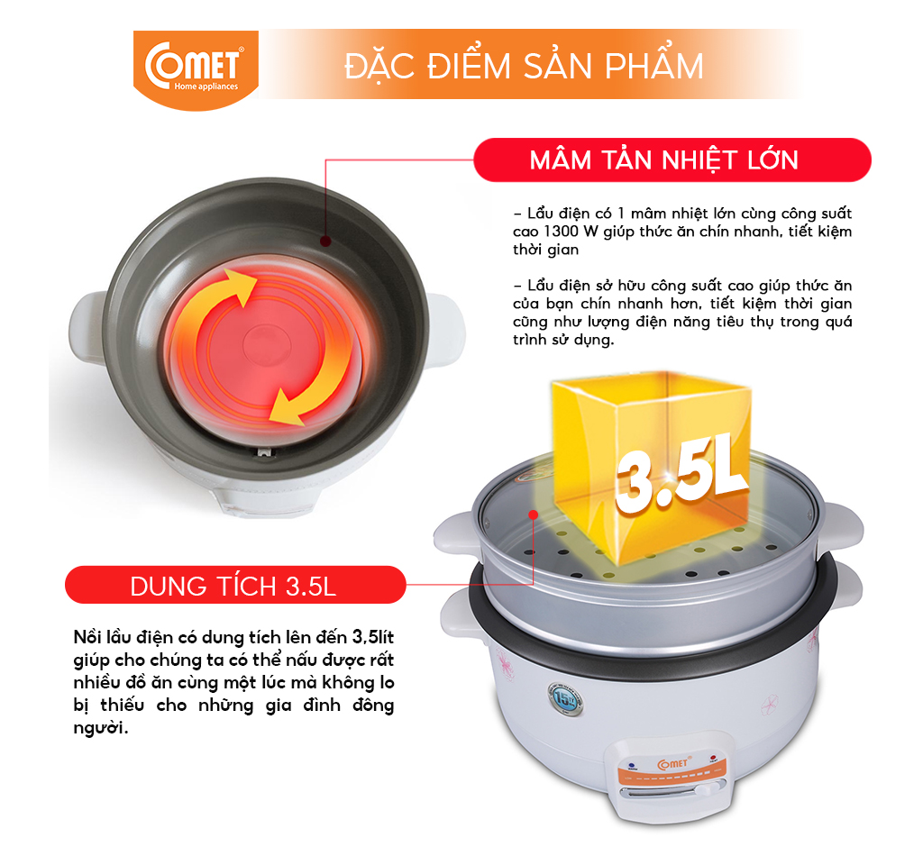 Lẩu Điện Comet CM7732 (3.5 Lít) - Hàng Chính Hãng