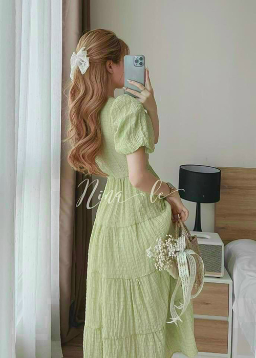 Đầm Maxi Xốp Chỉ Nhiều Màu Tay Ngắn Xếp Tầng Thời Trang