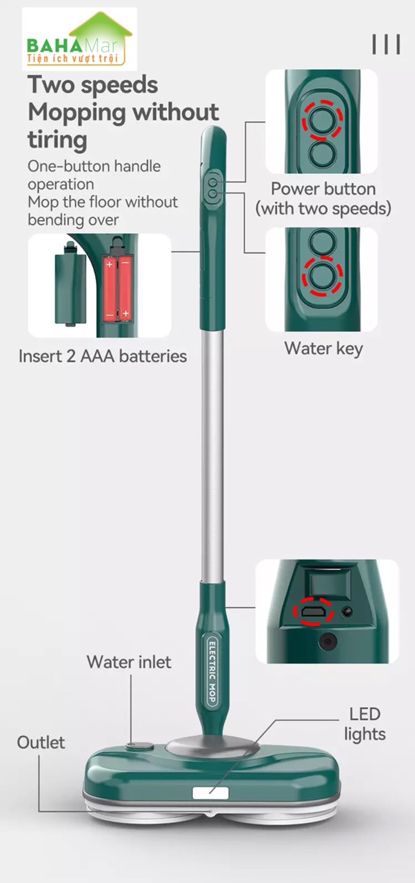 BỘ CÂY LAU NHÀ ĐIỆN KHÔNG DÂY CÓ 2 BÁNH XOAY TỰ ĐỘNG PHUN NƯỚC 3 TRONG 1 (CÓ XÔ VẮT) &quot;BAHAMAR&quot; Phù hợp dùng: Phòng khách, phòng ngủ, văn phòng, nhà bếp