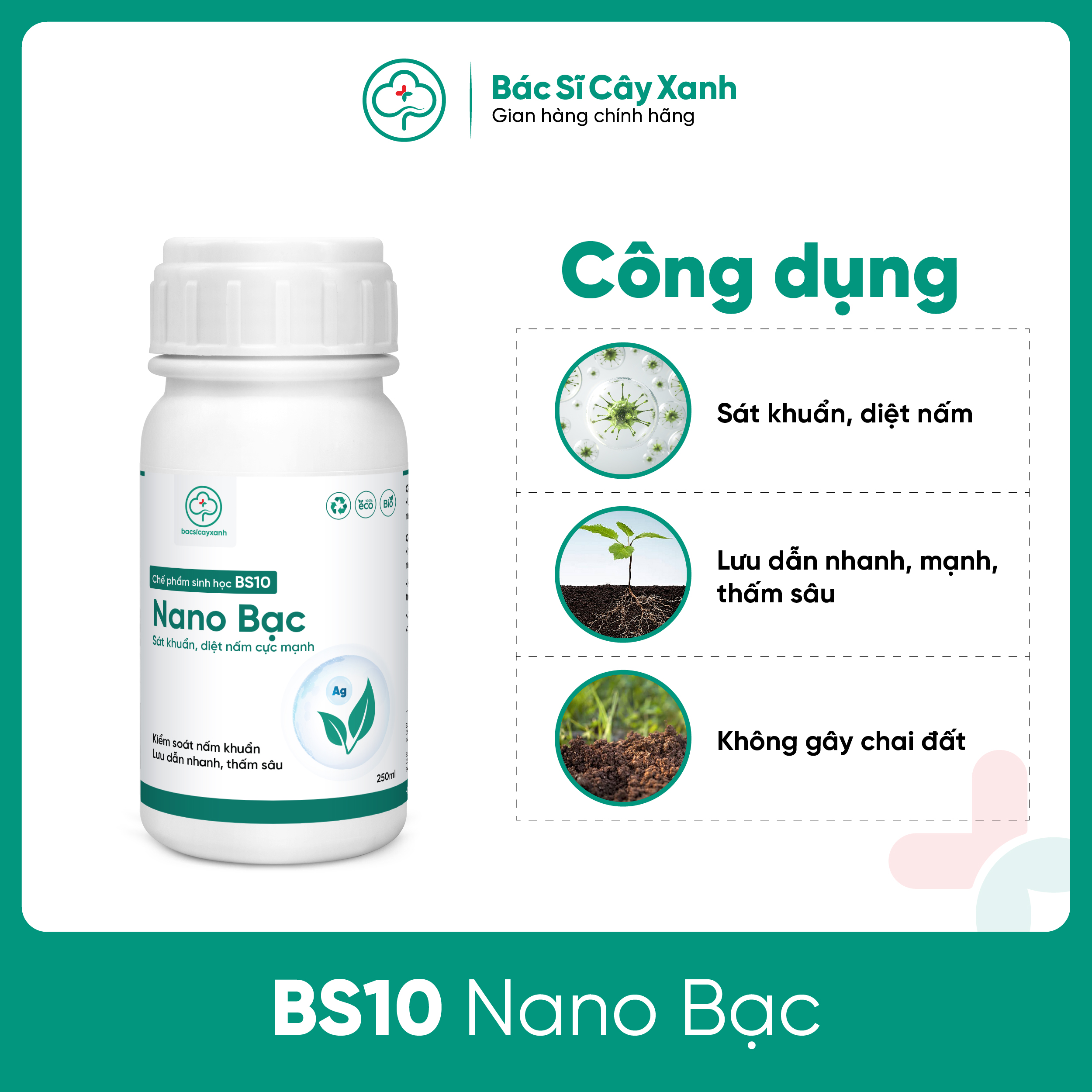 Nano Bạc Chế phẩm sát khuẩn, diệt nấm, virus Phòng ngừa bệnh cây trồng BS10 250ml NSX Bacsicayxanh