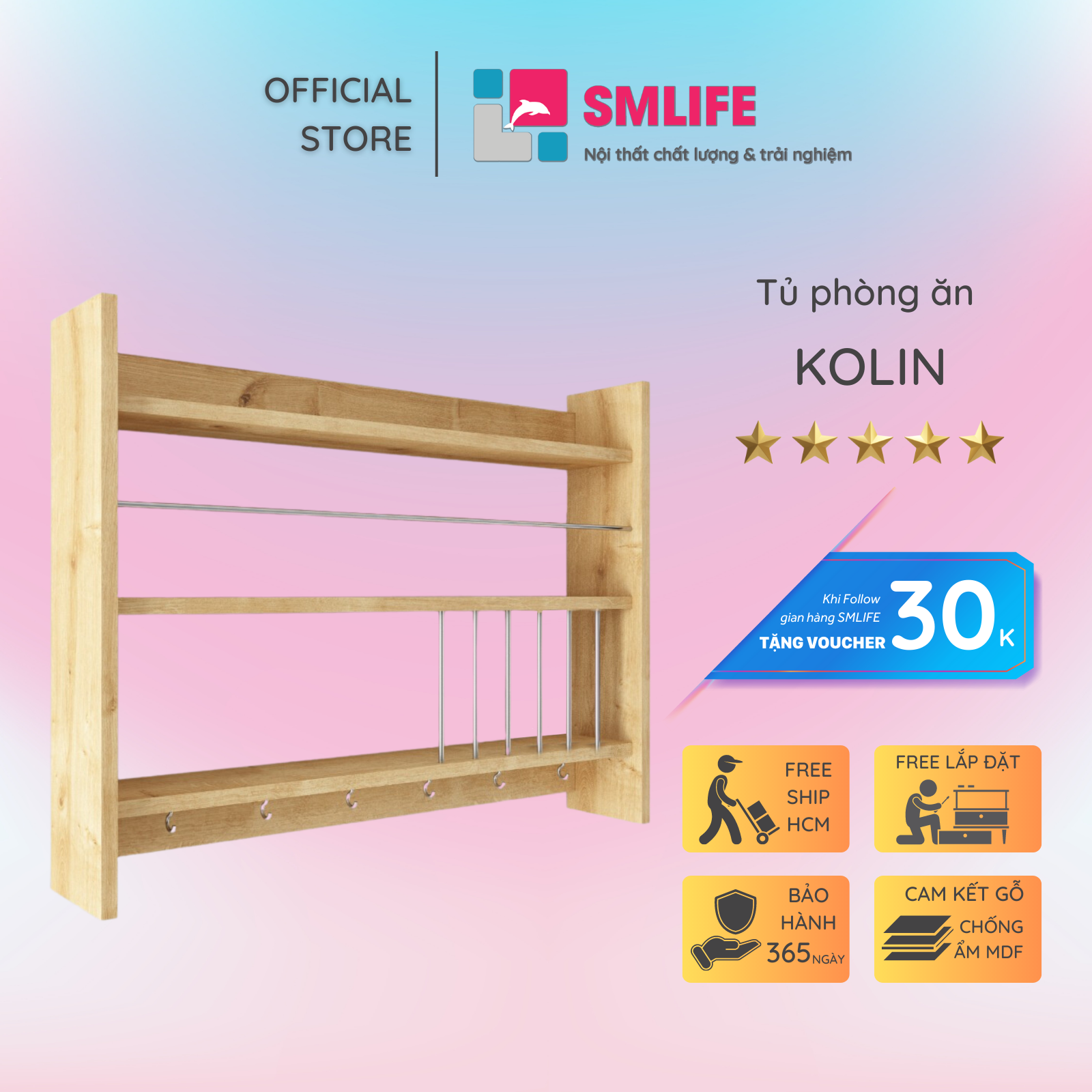Kệ gỗ nhà bếp hiện đại SMLIFE Kolin  | Gỗ MDF dày 17mm chống ẩm | D80xR15xC80cm