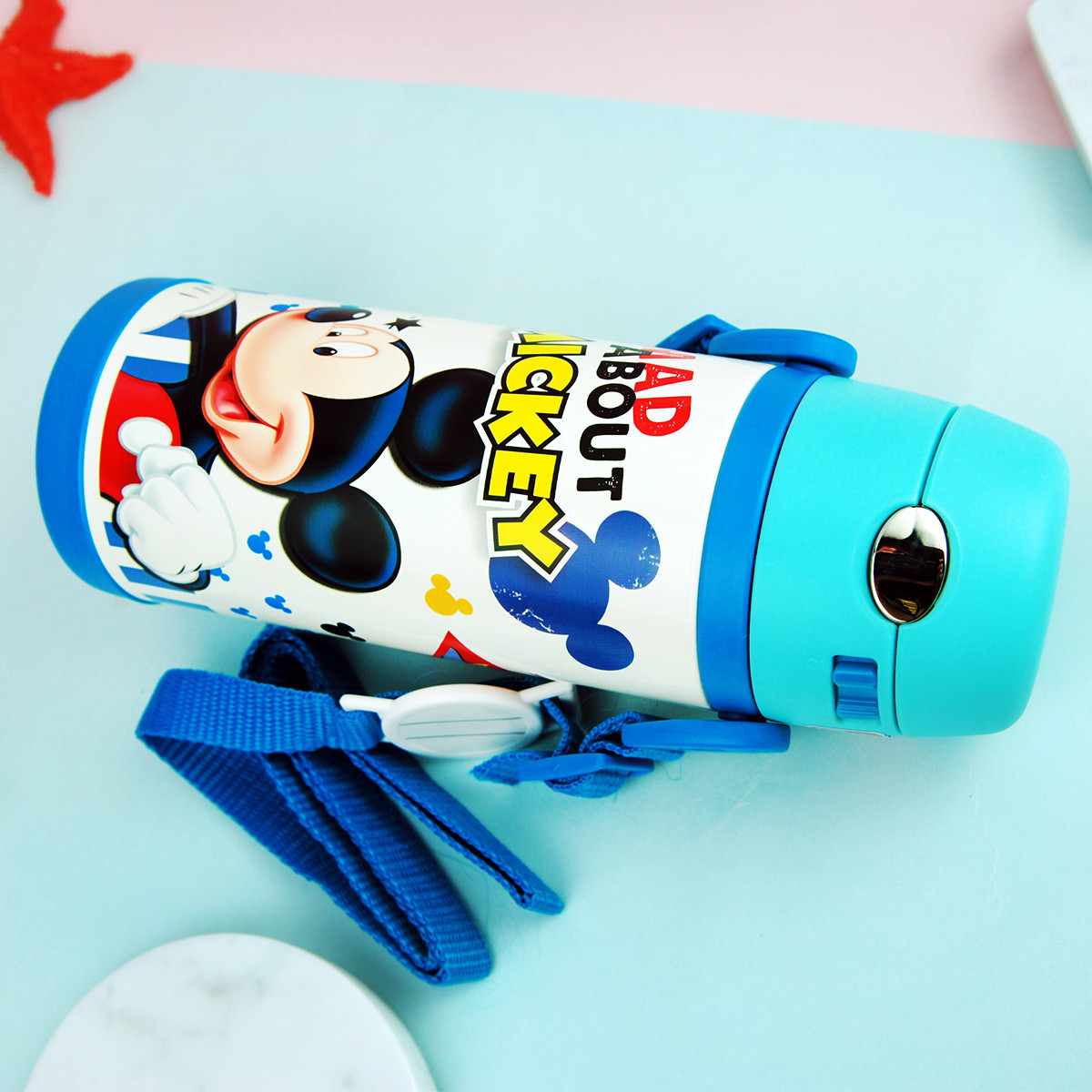 Bình nước giữ nhiệt có ống hút hình chuột Mickey vạch thẳng đứng màu xanh cho trẻ em, các bé, học sinh - - WD-3424MK2