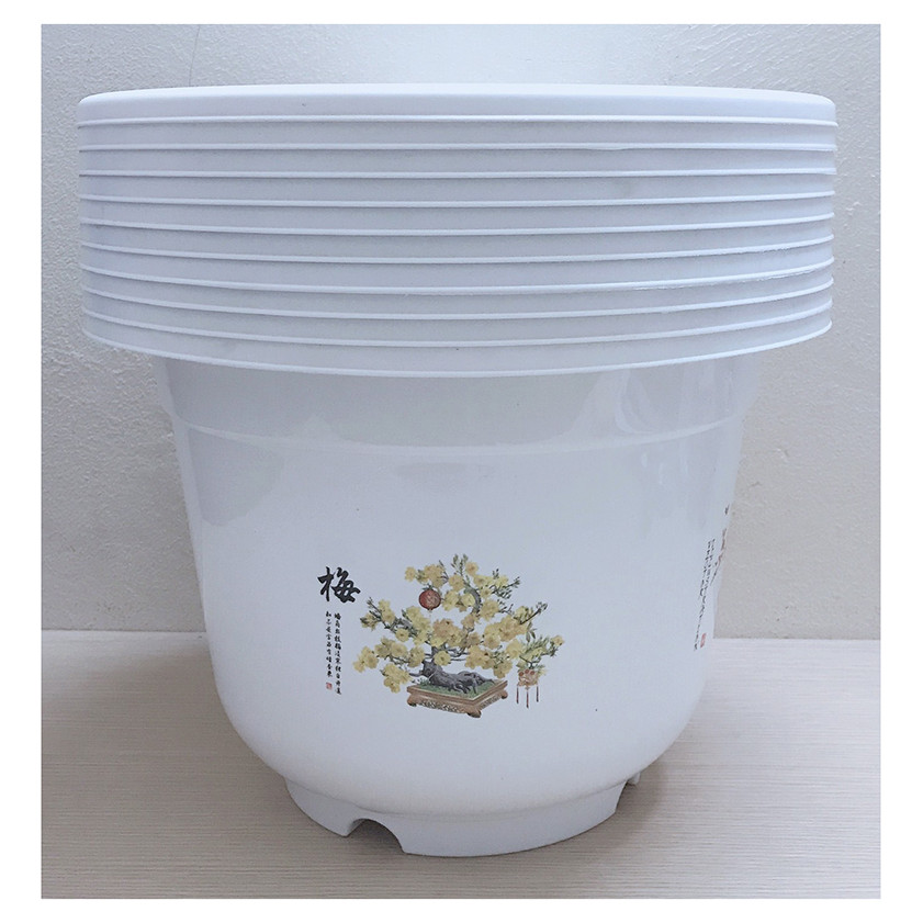 10 Chậu Nhựa BỐN MÙA AB380x280  Hình Tròn Màu Trắng Trồng Hoa, Cây Cảnh Kích Thước: 34x24  Cm