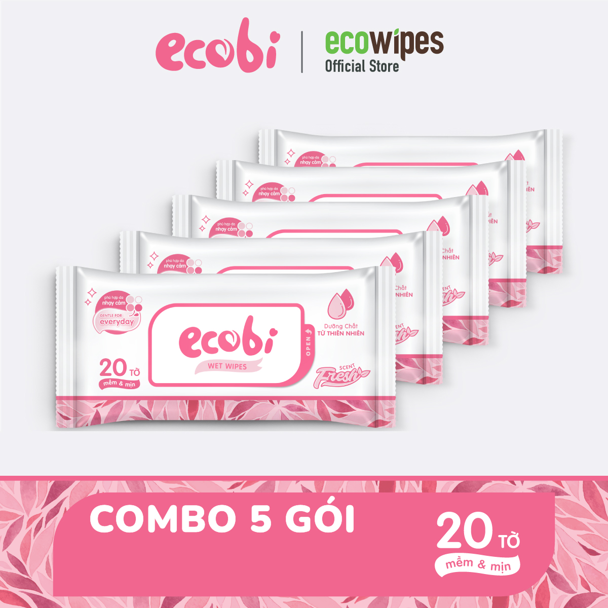 Combo 05 gói khăn ướt cho bé Ecobi gói 20 tờ Ecobi Hương dịu nhẹ không cồn không paraben an toàn cho làn da nhạy cảm của bé