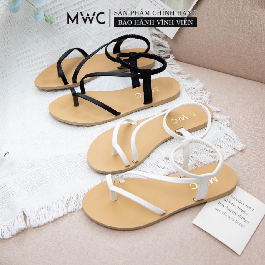 Giày Sandal Xỏ Ngón MWC Đế Bệt Chất Liệu Da Nữ Tính Xinh Xắn Sang Trọng 2 Màu Đen Kem 2895