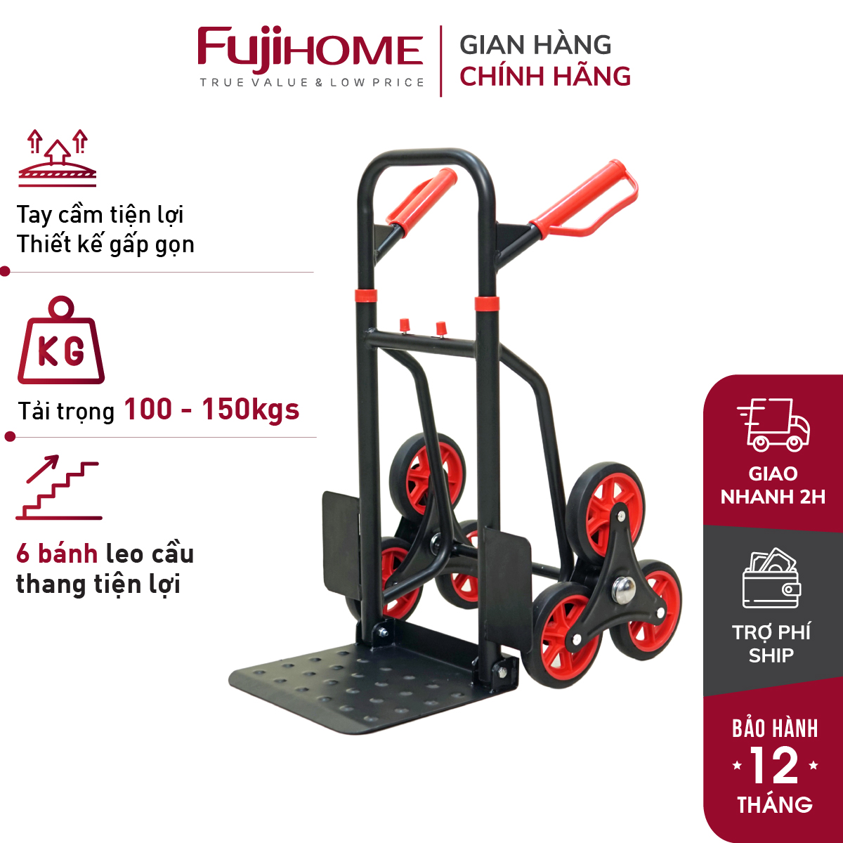 Xe kéo đẩy leo cầu thang FUJIHOME CC-6150 6 bánh rút gọn, Tải trọng 150kg, Công nghệ Nhật Bản