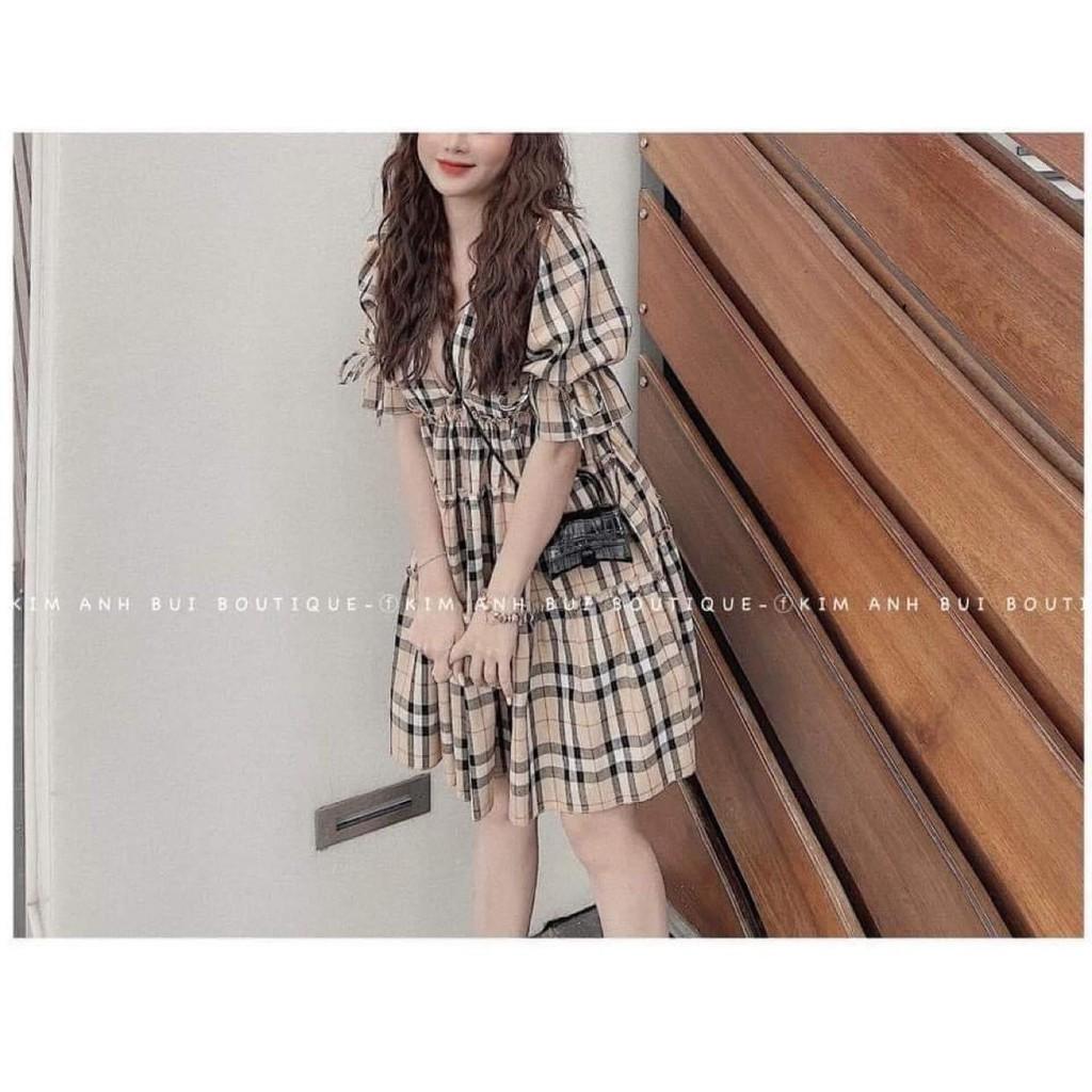 Váy Bầu Kẻ Caro Váy Bầu Tay Bồng Dáng Xòe HD2820 Honey Mommy