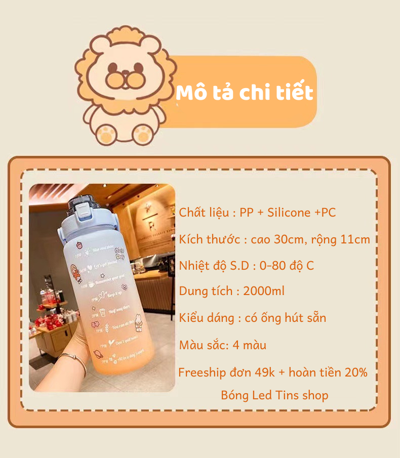 Bình đựng nước 2L dễ thương có vạch báo giờ uống nước - Tặng 10 sticker