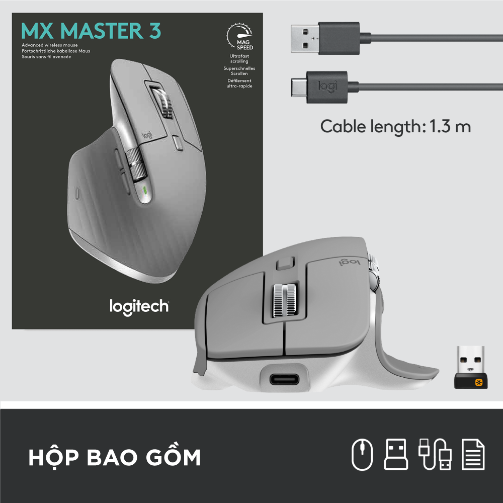 Chuột không dây Bluetooth Logitech MX Master 3 - form to, kết nối 3 thiết bị, cuộn siêu nhanh, sạc nhanh USB-C, có bản cho Mac - Hàng chính hãng