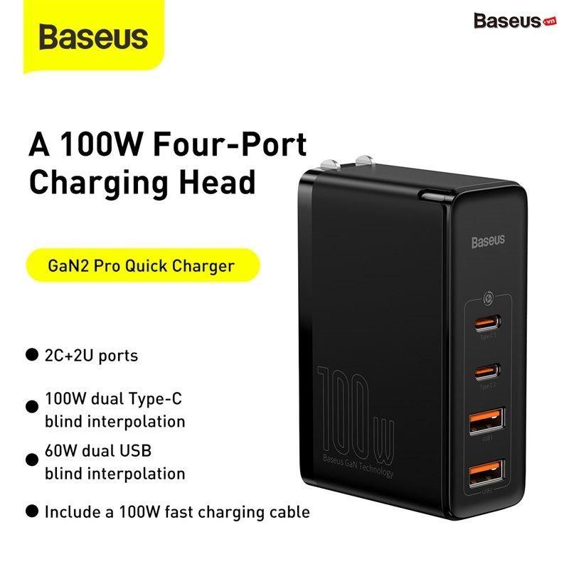 Củ sạc siêu nhanh Baseus GaN2 Pro Quick Charger, cốc sạc 100W 4 cổng 2U + 2C cho điện thoại, máy tính, Laptop, Macbook - Hàng Chính Hãng