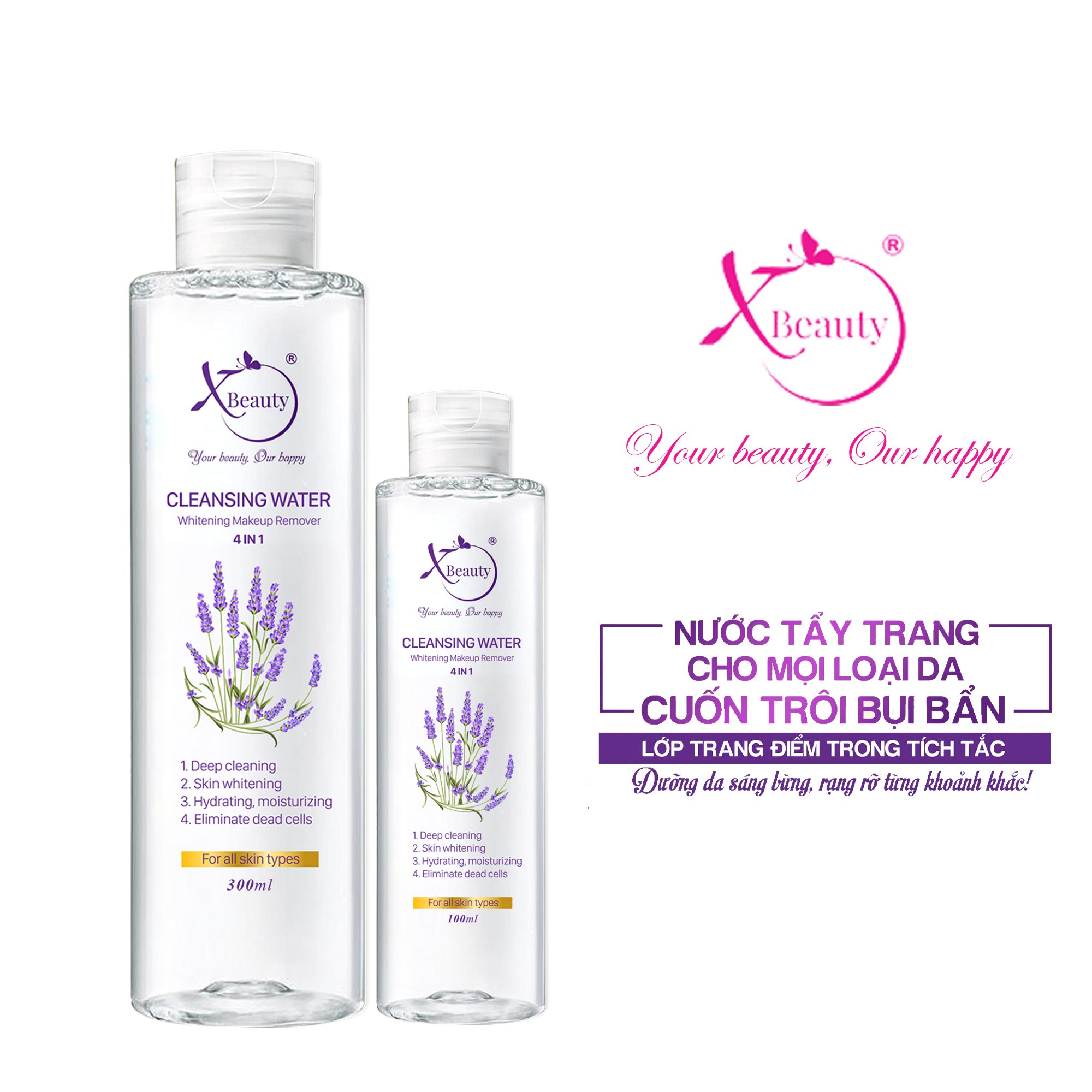 Nước tẩy trang XBeauty dưỡng trắng ngừa mụn cho mọi loại da XBEAUTY CLEANSING WATER 4 in 1 (100ML/300ML). Với công thức siêu phân tử nước thần kì giúp làm sạch sâu, dưỡng ẩm