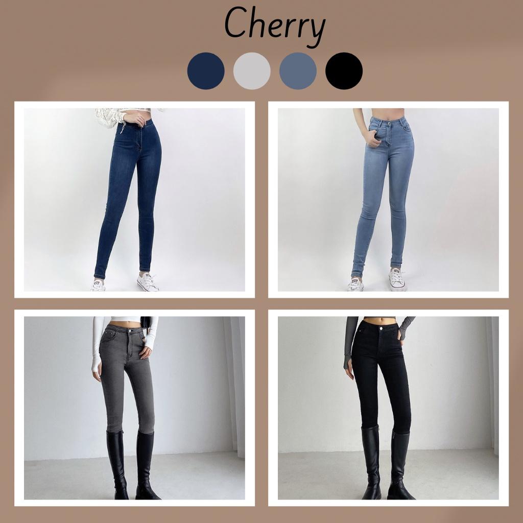 Quần jean nữ lưng cao co giãn dáng ôm có túi CHERRY, quần bò nữ cạp cao ôm bigsize trơn dài basic T022