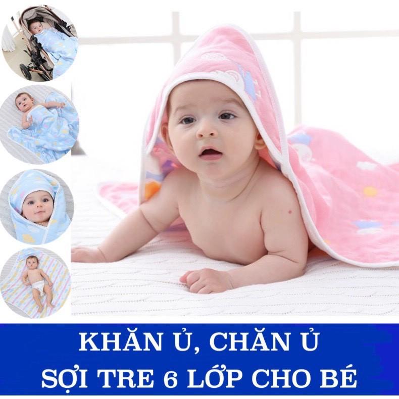 Khăn ủ, khăn tắm, chăn ủ sợi tre 6 lớp in hình 2 mặt có mũ cho bé