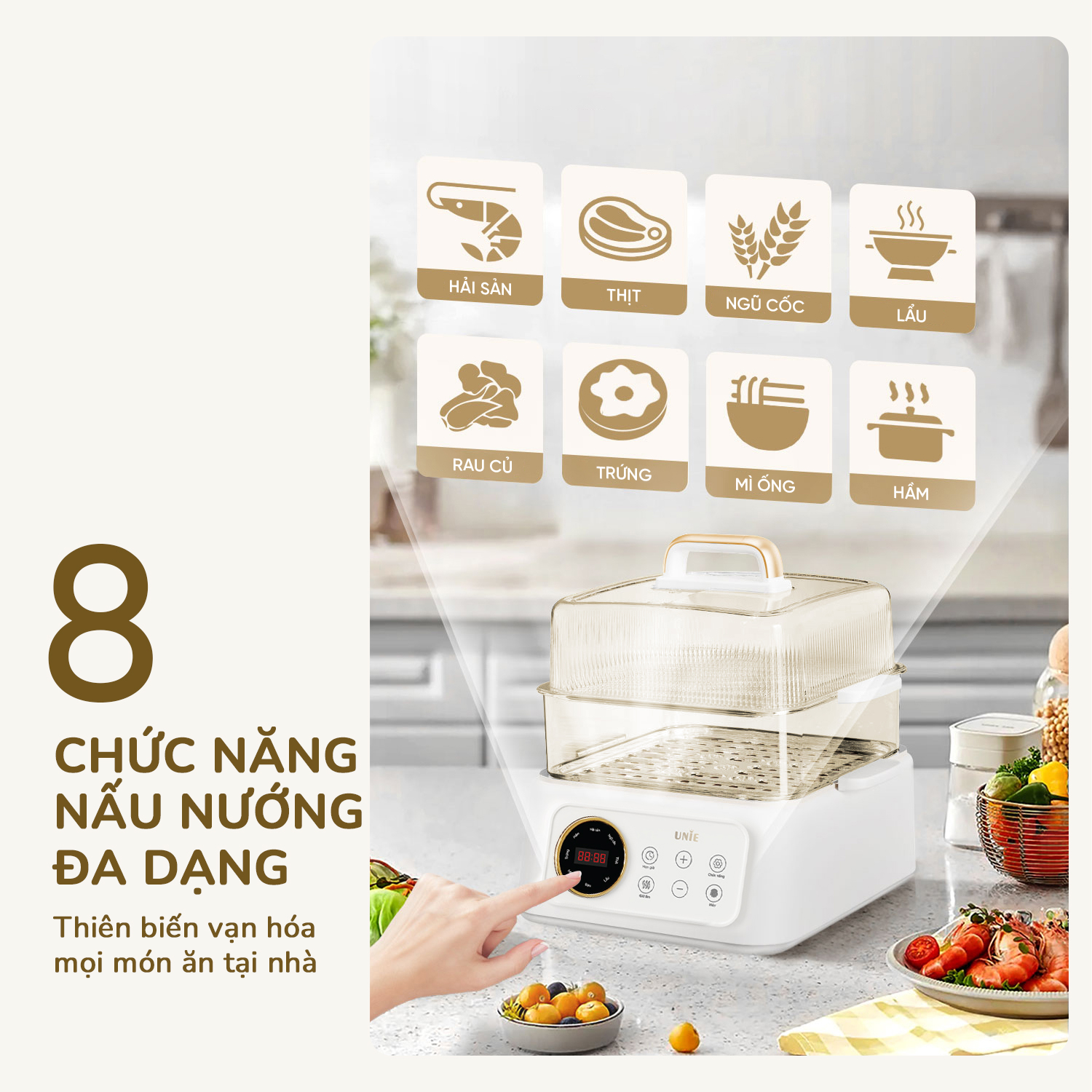 Nồi lẩu, hấp đa năng UNIE UE668, 8 chức năng, dung tích 10L, 2 tầng hấp, hấp gà nguyên con, hấp bên trên nấu bên dưới, Hàng chính hãng bảo hành 12 tháng