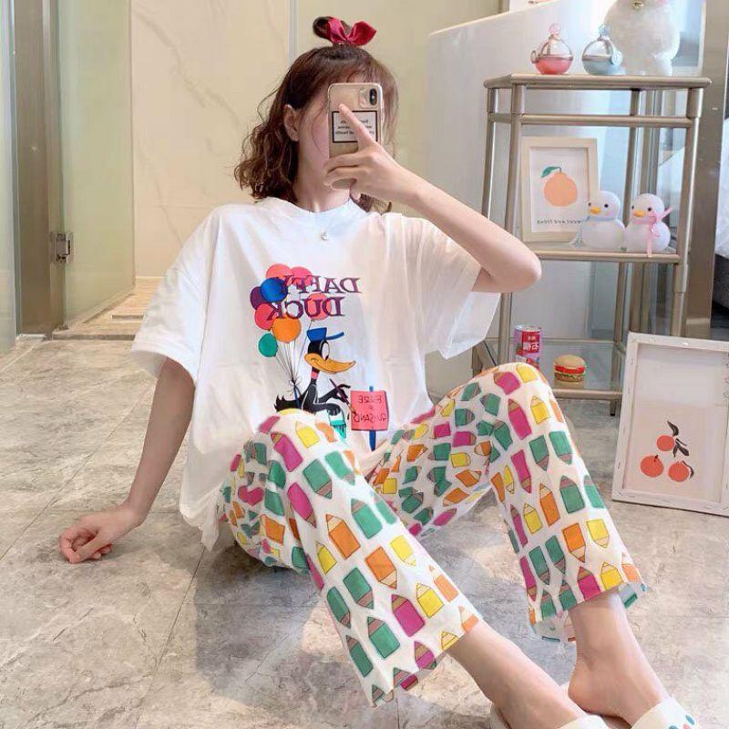 Đồ Bộ Nữ Mặc Nhà Thun Mỏng Hè Thu Quần Dài Áo Cộc