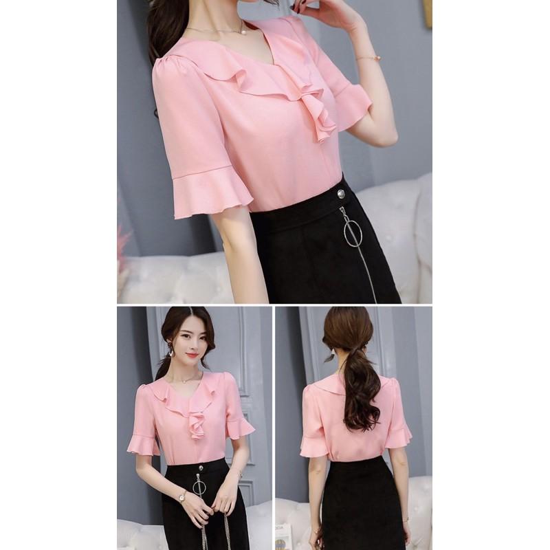 Áo sơ mi voan điệu đà nhẹ nhàng tay bèo cổ nơ công sở đi làm đi chơi  mẫu 2021