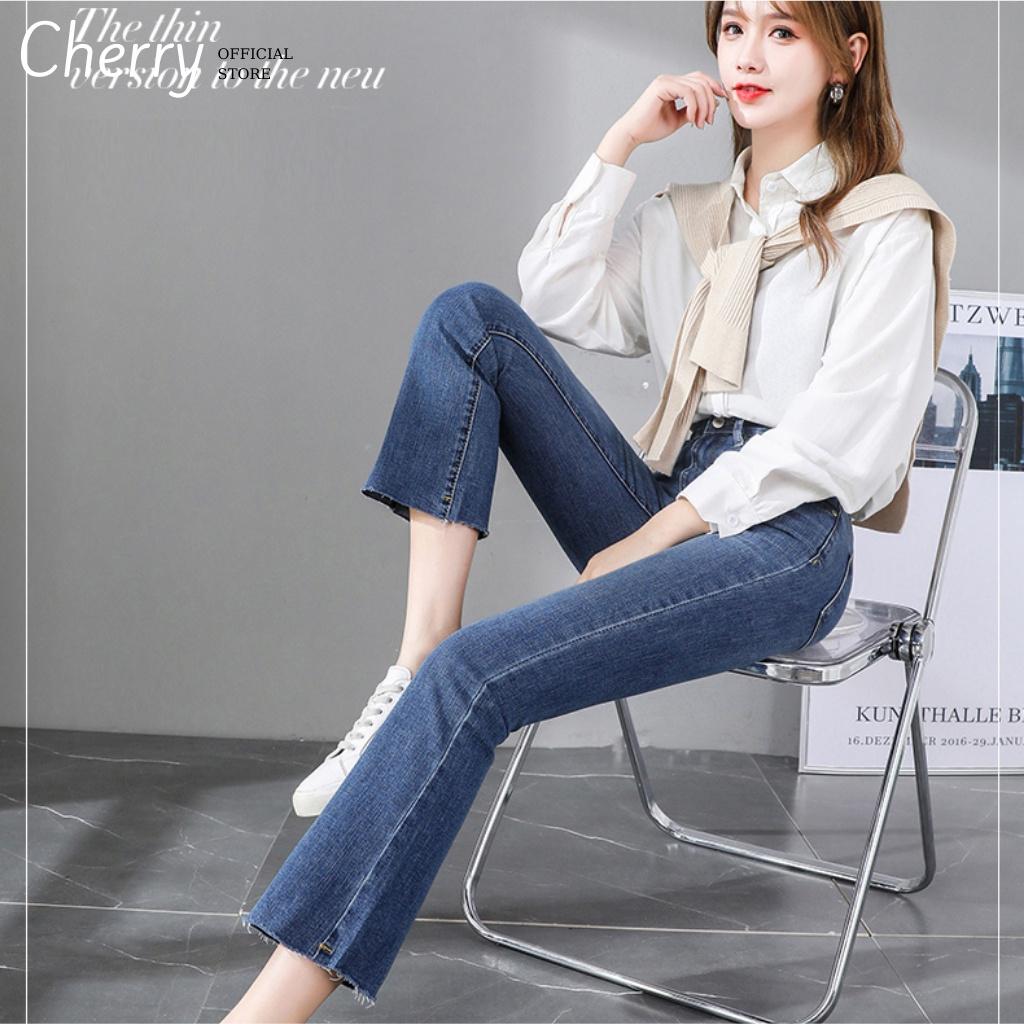 Quần jean nữ ống loe lửng lưng cao co giãn phong cách Hàn Quốc, quần bò nữ ống loe cạp cao chất xịn cao cấp CHERRY T025