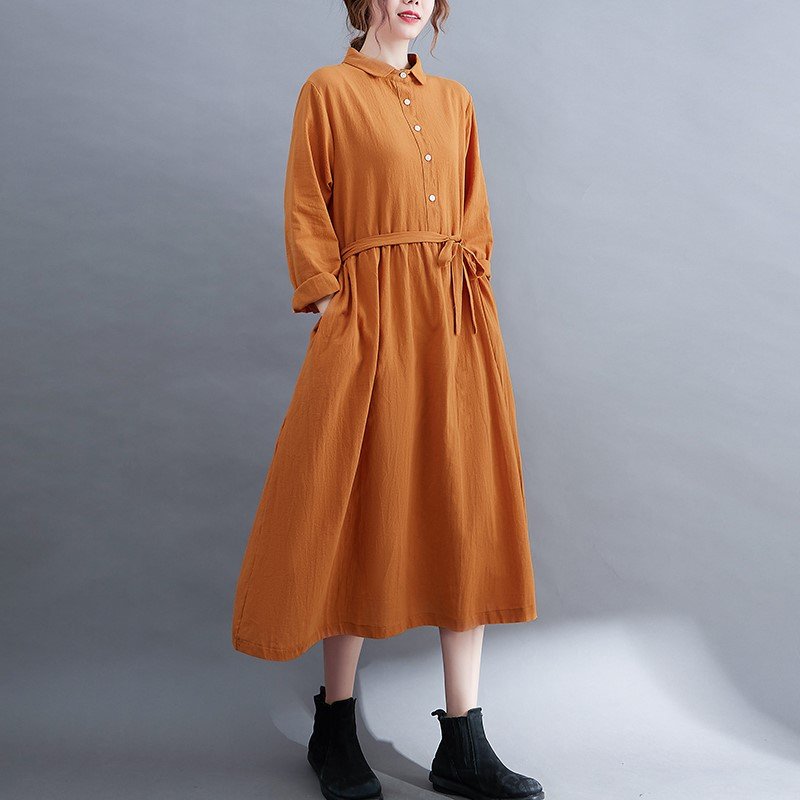 Đầm linen suông nữ cổ sơ mi dài tay, tặng kèm dây thắt eo, thời trang nữ thu đông NH185