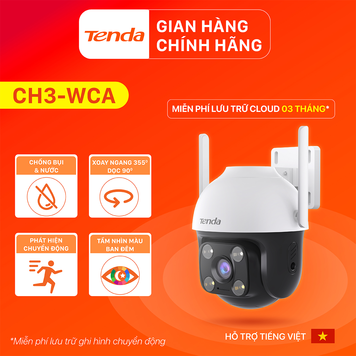 [Hàng hot ] Camera Wifi Ngoài Trời Xoay 360° Tenda CH3 Độ Phân Giải 1080P/2MP đàm thoại 2 chiều, ban đêm có màu - Hàng chính hãng