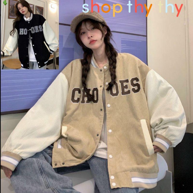 Video ảnh thật Áo Khoác Nhung Tăm 2 lớp Thêu Chữ CHOOSE Áo BomBer Bóng Chày Nam Nữ Phong Cách Hàn Quốc