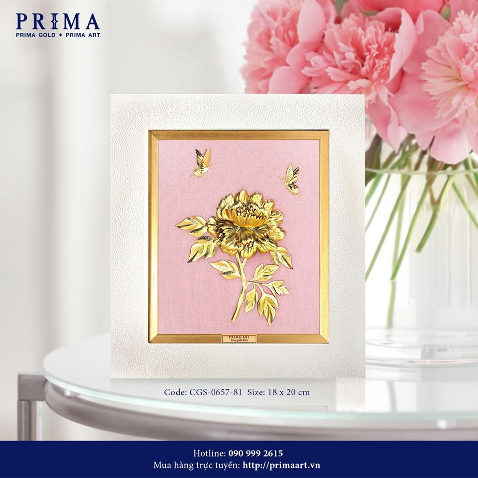 Tranh Vàng 24K PRIMA ART - Hình đôi bướm và cành hoa mẫu đơn dát vàng 24K trên nền vải canvas màu hồng nhạt - Bộ sưu tập Luxe - CGS-0657-81