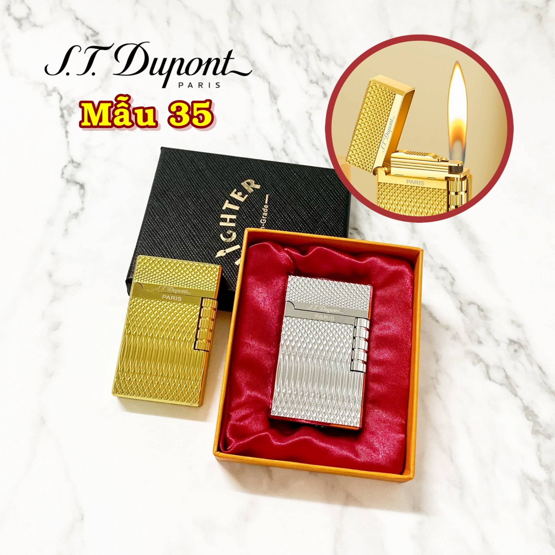 Hột quẹt bật lửa Dupont vân kim cương 1 sọc ngang M35 (S.T. DUPONT) - xài gas