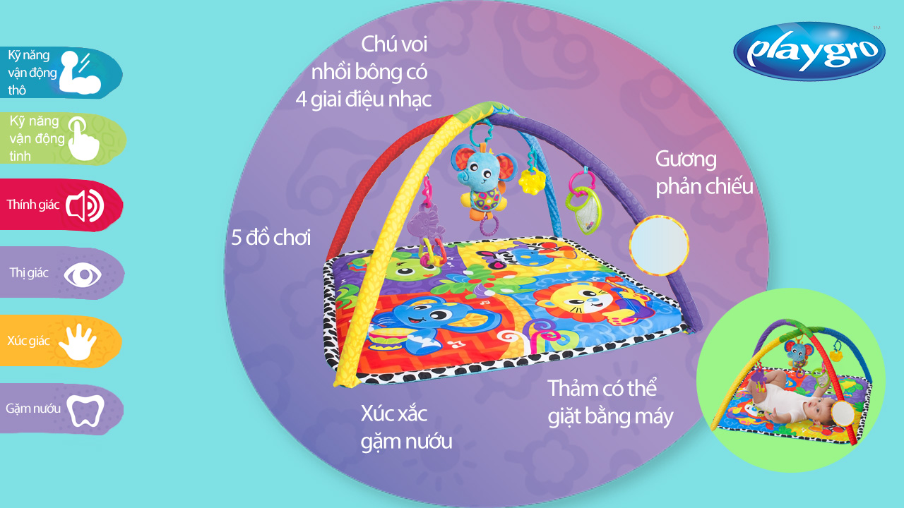 Thảm nằm chơi nhạc rừng Playgro Music in the Jungle Activity Gym, cho bé sơ sinh đến 24 tháng